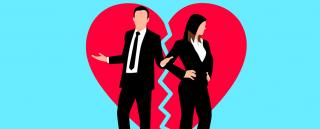 Banner für Blogbeitrag zum Thema Scheidung zeigt illustriertes Ehepaar vor gebrochenem Herz
